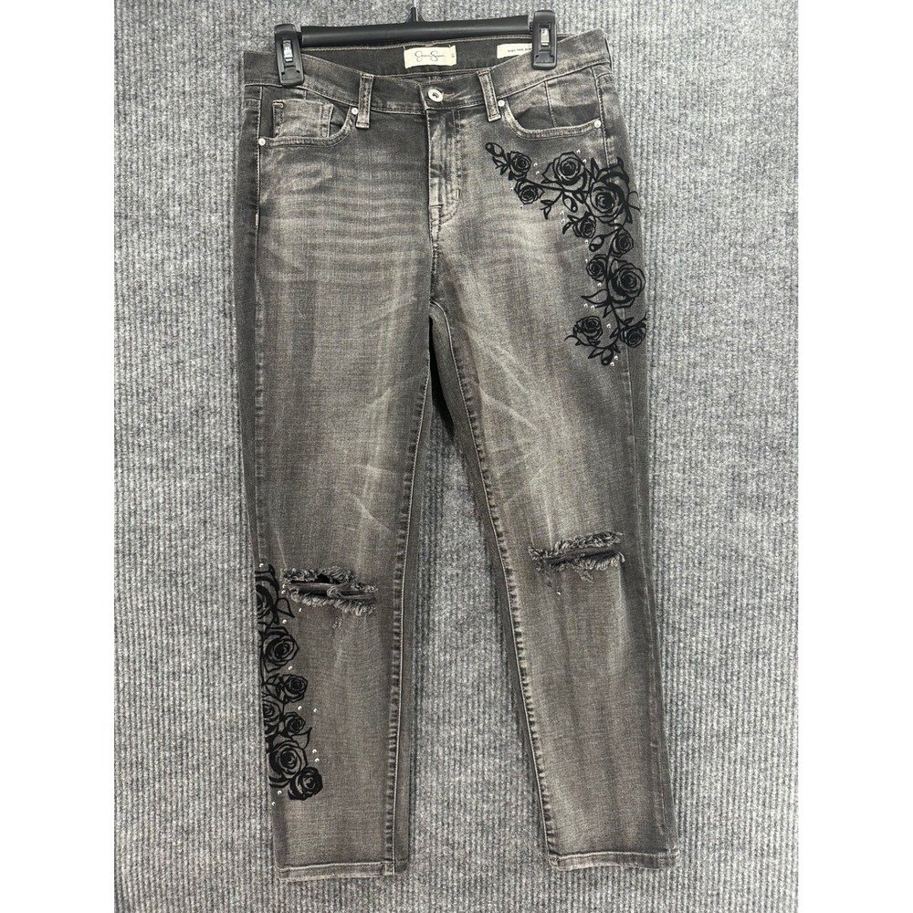 Jessica Simpson Mika Best Friend Jeans Womens 27 Grey Floral Distressed